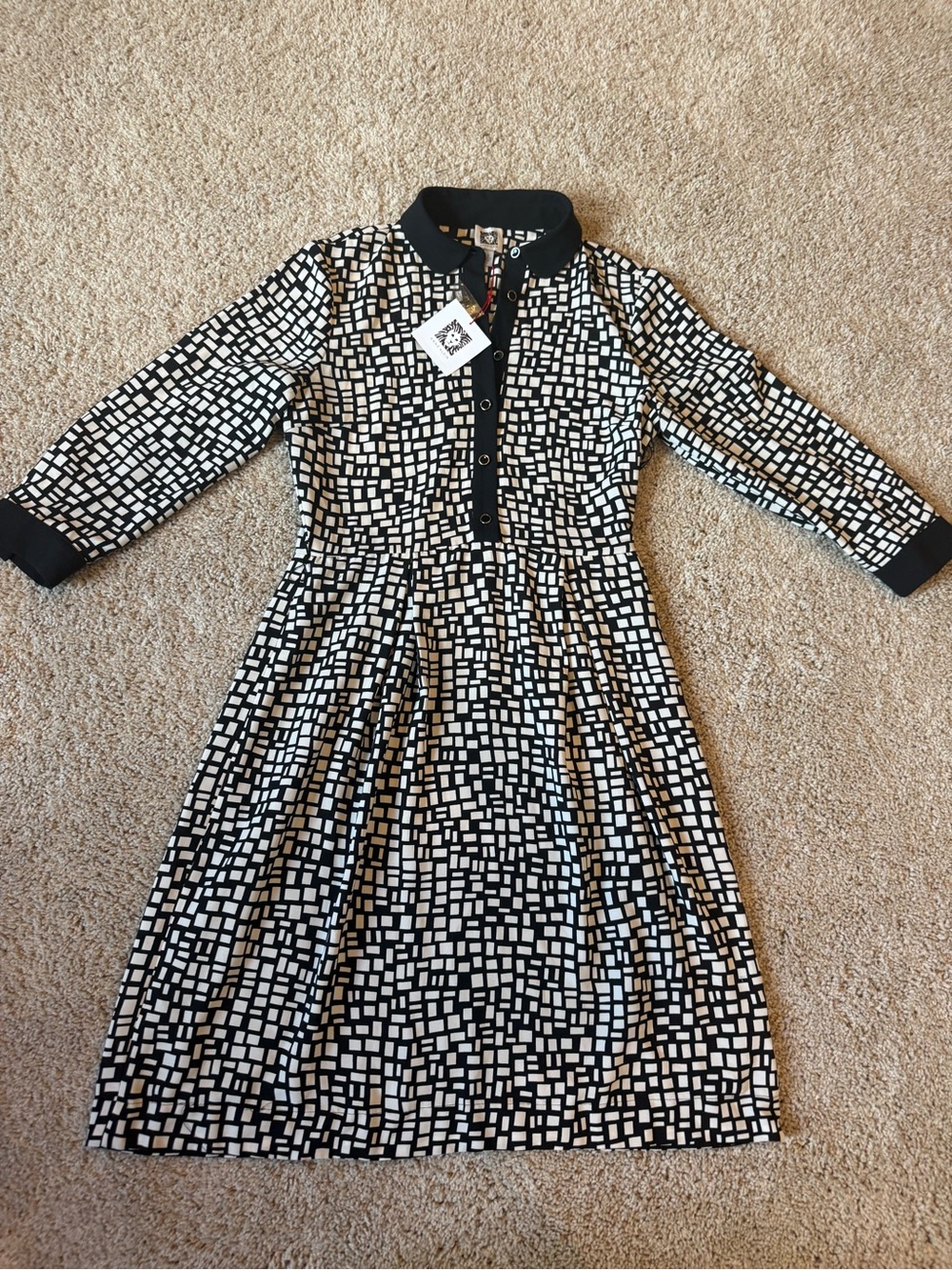 Anne Klein Black & White Patterned Collared Dress